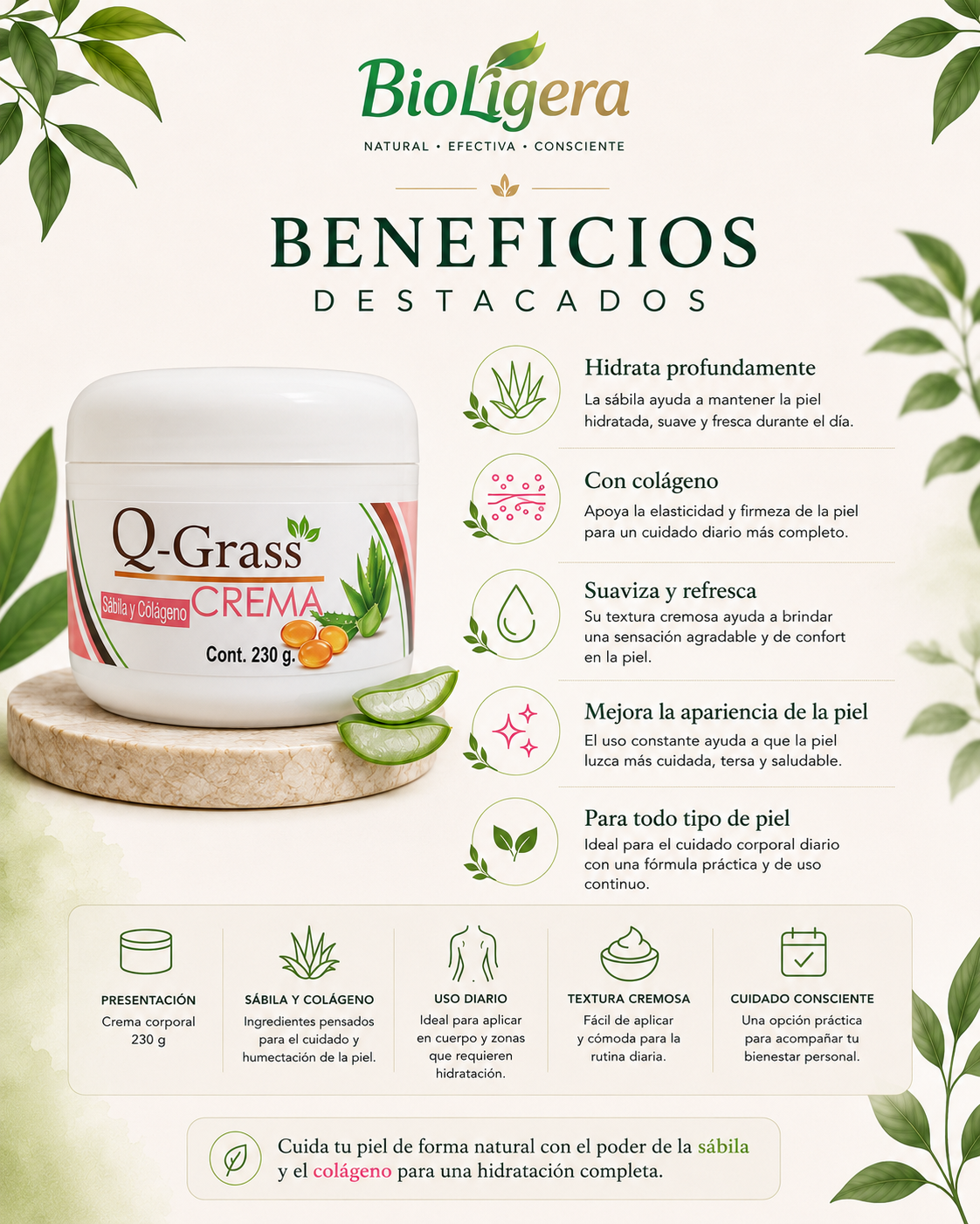 Gel Corporal Reafirmante Q-Grass | Sábila y Colágeno (230 mL) - Image 2