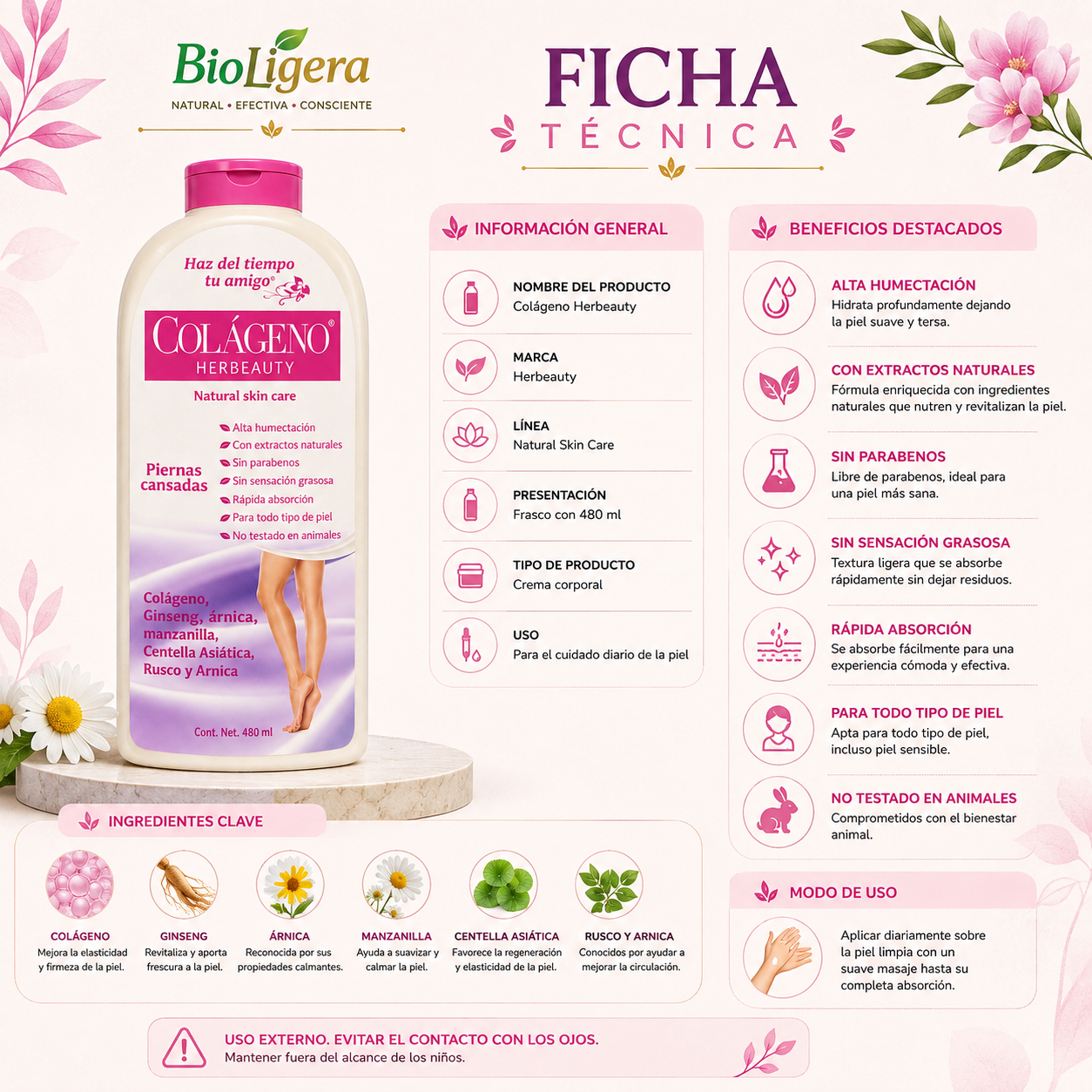 Botella de crema corporal Colágeno Herbeauty para piernas cansadas 480 ml