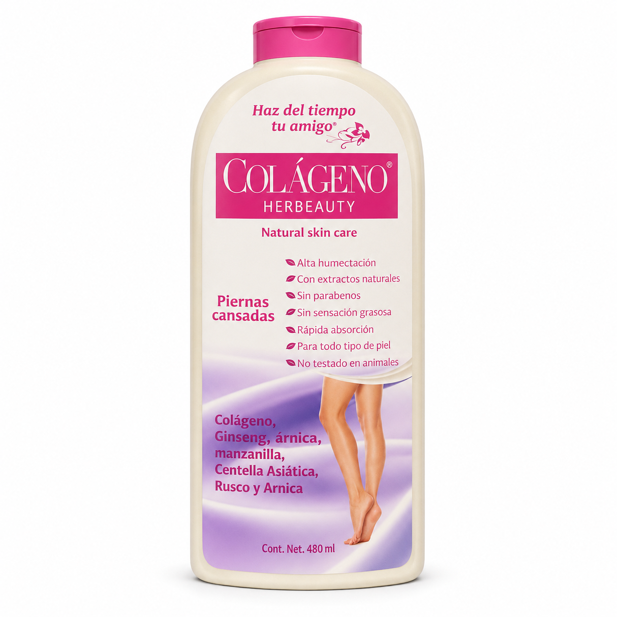 Botella de crema corporal Colágeno Herbeauty para piernas cansadas 480 ml