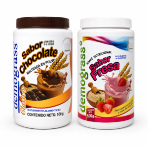 Bote de Malteada Demograss Clásico Sabor Chocolate y fresa de 500 g