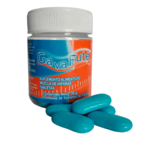 Frasco de Gava Futé mezcla de hierbas 30 tabletas con dos cápsulas azules enfrente