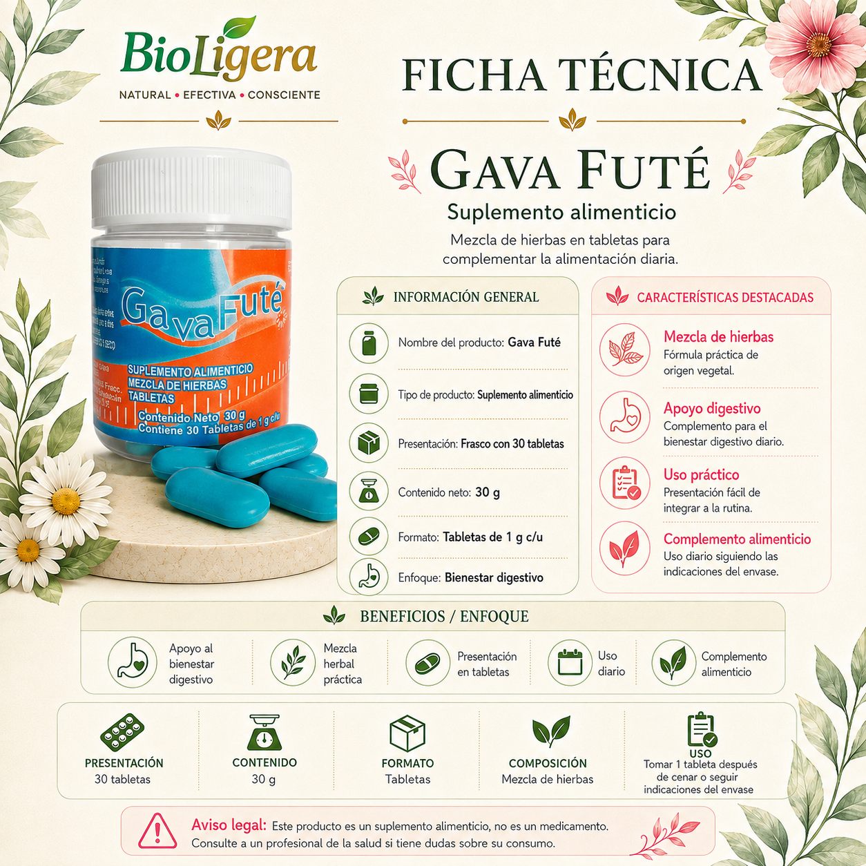 ficha técnica Frasco de Gava Futé mezcla de hierbas 30 tabletas con dos cápsulas azules enfrente