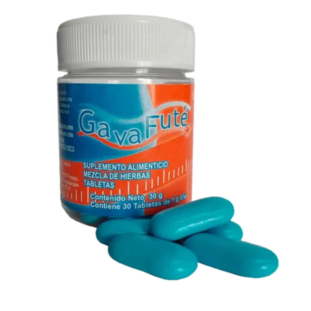 Frasco de Gava Futé mezcla de hierbas 30 tabletas con dos cápsulas azules enfrente